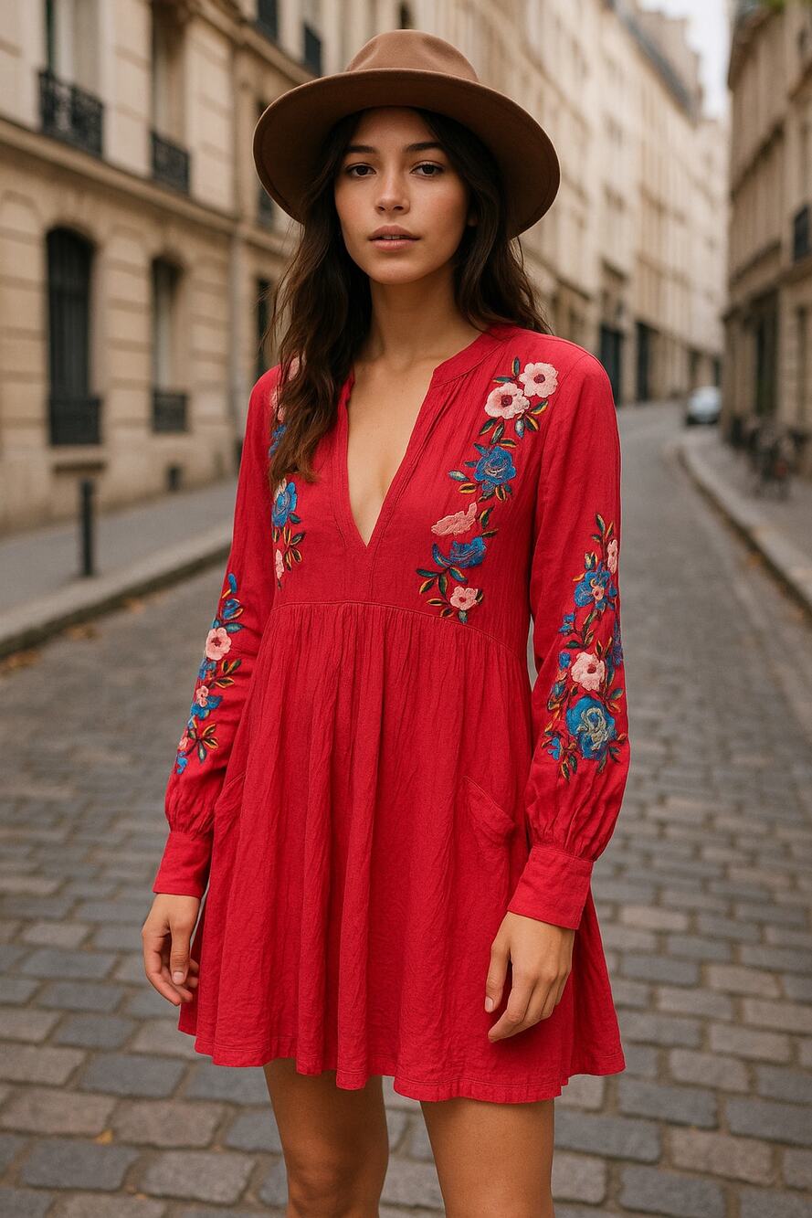 Free People Boho Embroidered Floral Mini Dress Pink Rayon Crinkle Tunic Size S